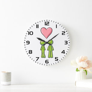 Grande Horloge Ronde Bâton vert Figure Couple Rose Coeur amour
