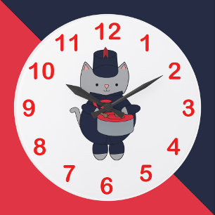 Grande Horloge Ronde Batteur de fanfare Chat Navy Bleu Rouge