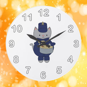 Grande Horloge Ronde Batteur de fanfare félin bleu marine or