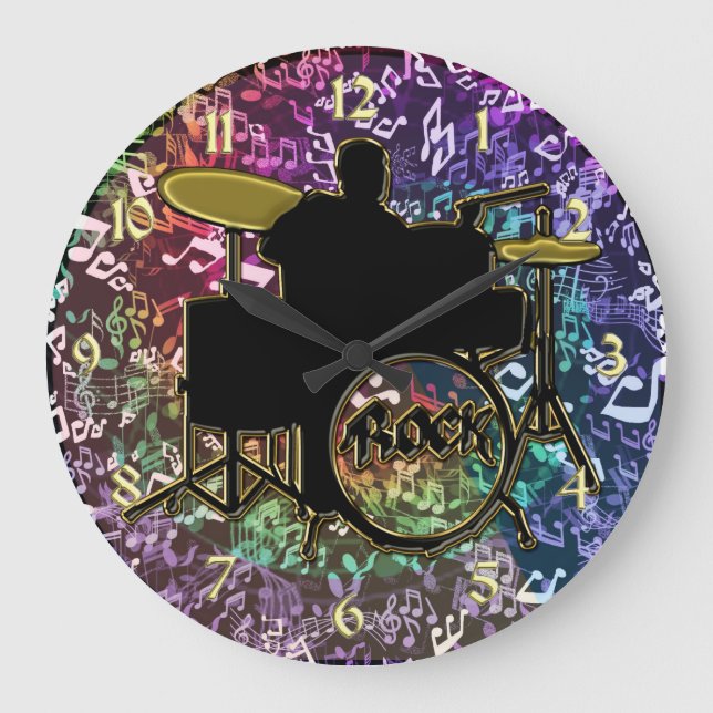 Grande Horloge Ronde Batteur sur le piège avec Rainbow Music Notes Horl (Recto)