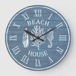 Grande Horloge Ronde Beach House Gris Blue Wood Coral Gros Cl