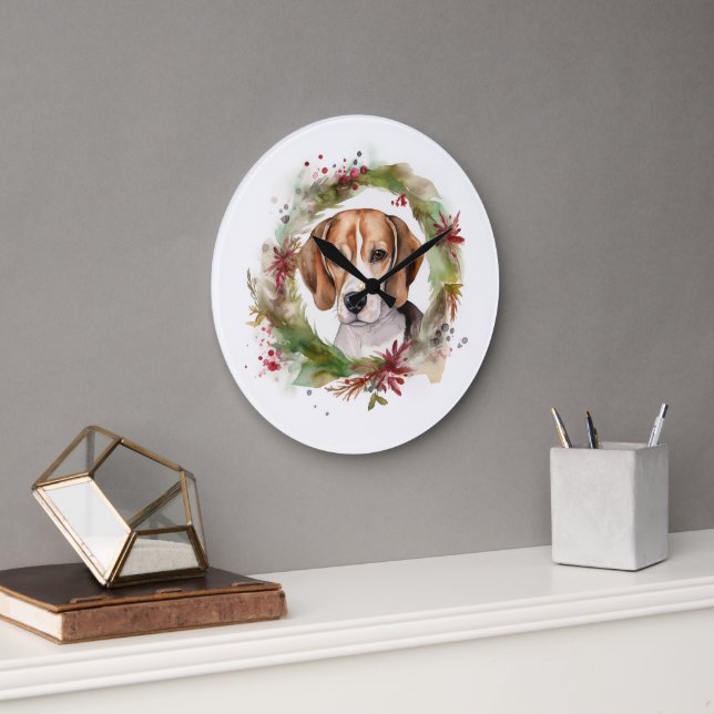 Grande Horloge Ronde Beagle Noël Wreath Festive Pup (Bureau)
