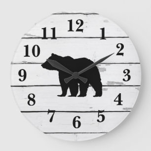 Grande Horloge Ronde Bear Black Silhouette Shiplap Décor rustique