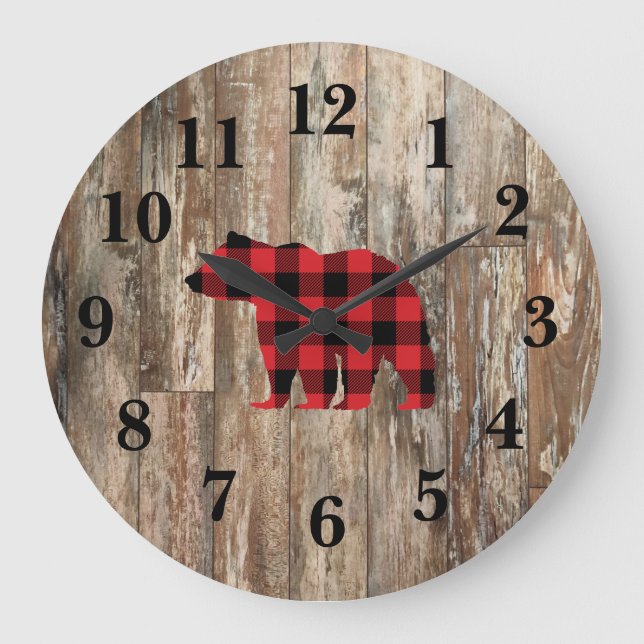 Grande Horloge Ronde Bear Rustic Wood Decor Large Clock (Recto)