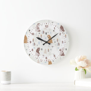 Grande Horloge Ronde Bears mignonne dans le Motif Woods