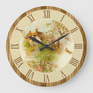 Grande Horloge Ronde Beau bois vintage de scène de cottage de pays