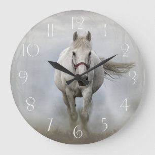 Grande Horloge Ronde Beau cheval blanc dans la brume