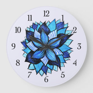 Grande Horloge Ronde Beau dessin d'encre de fleur bleue Abstraite