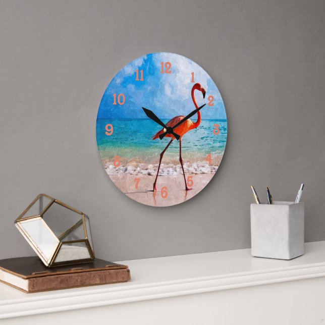 Grande Horloge Ronde Beau Flamant rose Élégant Sur Plage Aquarelle Art (Bureau)