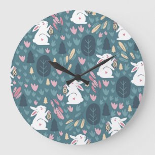 Grande Horloge Ronde Beau lapin : vintage imprimé sans couture.