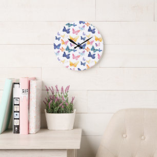 Grande Horloge Ronde Beau motif aquarelle de papillon coloré