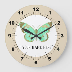 Grande Horloge Ronde Beau papillon Aqua & Gold
