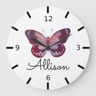Grande Horloge Ronde Beau Papillon pourpre personnalisé
