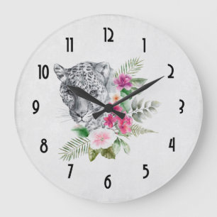 Grande Horloge Ronde Beau portrait de tête de léopard en aquarelle