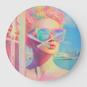 Grande Horloge Ronde Beauté côtière de Neon avec lunettes de soleil