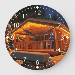 Grande Horloge Ronde Beautiful Christmas Lights on Log Cabin à Snow