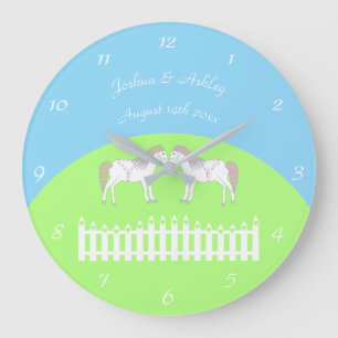 Grande Horloge Ronde Beaux Chevaux Blancs de Mariage sur Mesure