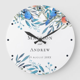 Grande Horloge Ronde Beaux Oiseaux Aquarelle et Mariage de Foliage