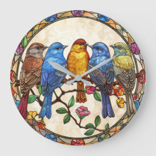 Grande Horloge Ronde Beaux Oiseaux Plante Verre Effet Peinture Art
