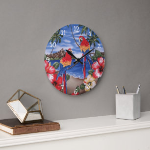 Grande Horloge Ronde Beaux perroquets aras colorés sur une plage hawaïe