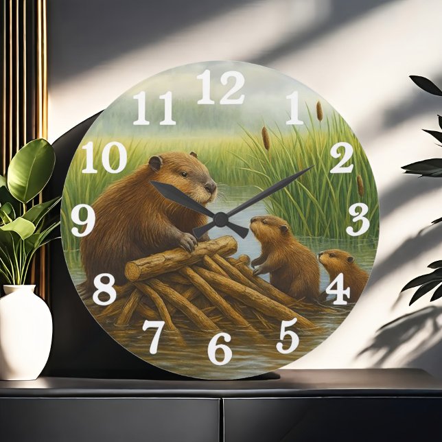 Grande Horloge Ronde Beaver family in wetland haven (Créateur téléchargé)