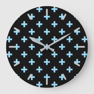 Grande Horloge Ronde Bébé bleu polka croise sur noir