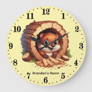 Grande Horloge Ronde Bébé castor mignon unisexe ajouter un nom 