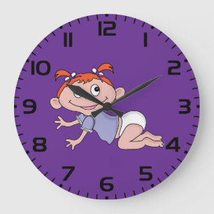 Grande Horloge Ronde Bébé Fille Cartoon Rampante Cheveux Roux Rubans Vi