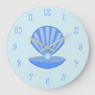 Grande Horloge Ronde Bébé garçon bleu Coquille d'huître et perle