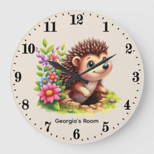 Grande Horloge Ronde Bébé hérisson mignon fille ajoute nom