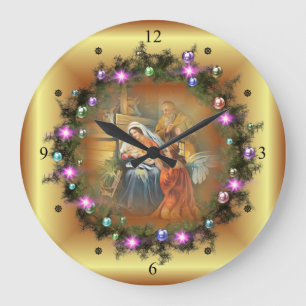 Grande Horloge Ronde Bébé Jésus, Marie et Joseph~La Sainte Famille~Ange