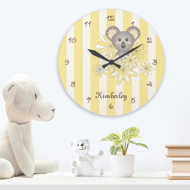 Grande Horloge Ronde Bébé Koala À Rayures Jaunes Chambre De Bébé / Enfa (Créateur téléchargé)