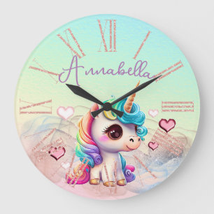 Grande Horloge Ronde Bébé licorne mignonne et cœurs sur arc-en-ciel