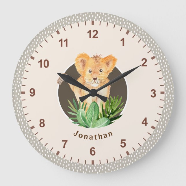 Grande Horloge Ronde Bébé Lion Faune Aquarelle Décor Neutre Chambre (Recto)