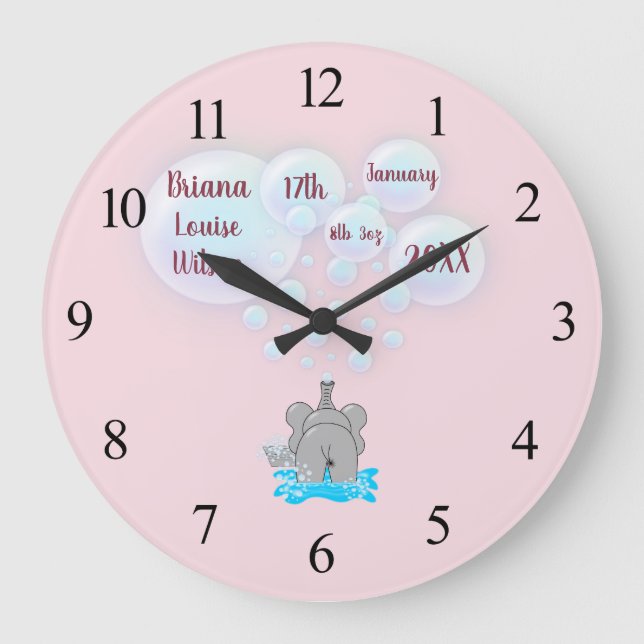 Grande Horloge Ronde Bébé mignon éléphant bulles Monogramme (Recto)