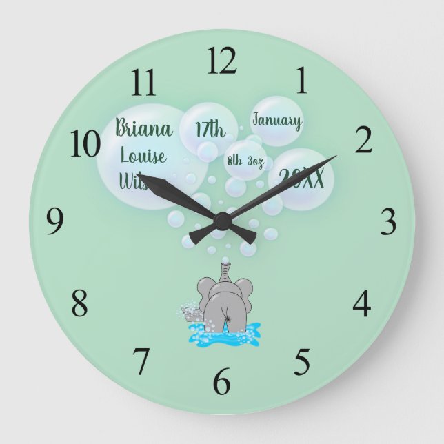 Grande Horloge Ronde Bébé mignon éléphant bulles Monogramme (Recto)
