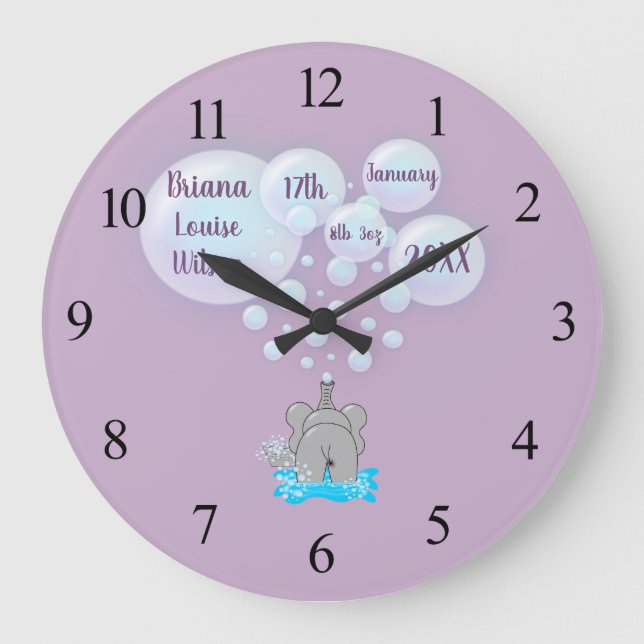 Grande Horloge Ronde Bébé mignon éléphant bulles Monogramme (Recto)