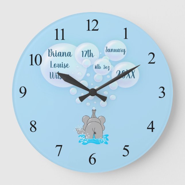Grande Horloge Ronde Bébé mignon éléphant bulles Monogramme (Recto)