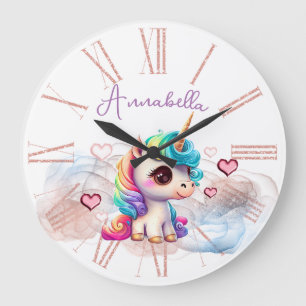 Grande Horloge Ronde Bébé mignon licorne et Coeurs