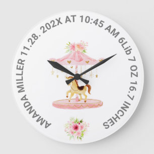 Grande Horloge Ronde Bébé rose mou Date de naissance Pony Carouse