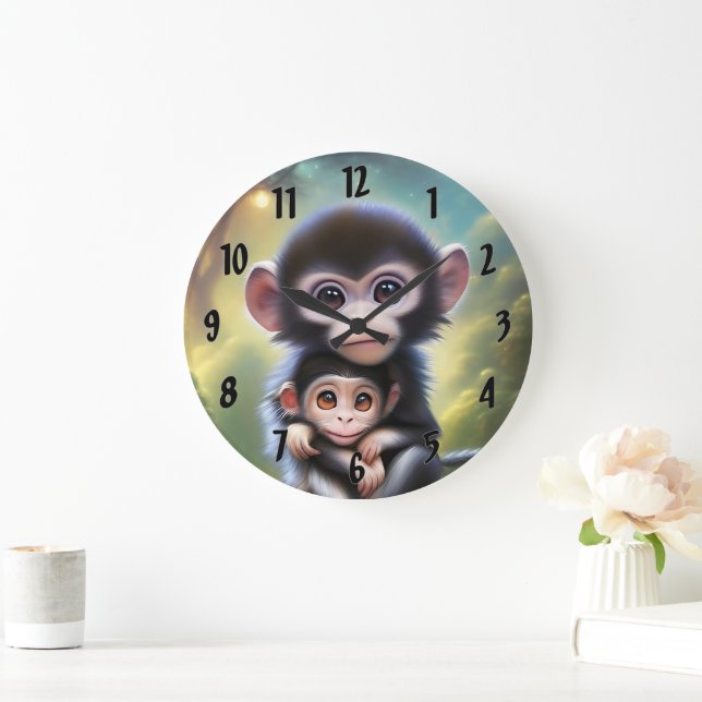 Grande Horloge Ronde Bébé singes (Maison)