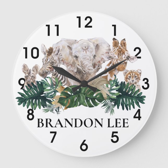 Grande Horloge Ronde Bébés de la jungle Safari Éléphant d'Afrique Perso (Recto)
