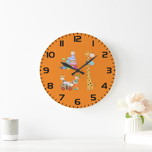 Grande Horloge Ronde Bébés Garçons avec Train de Nurserie Girafe et Wag