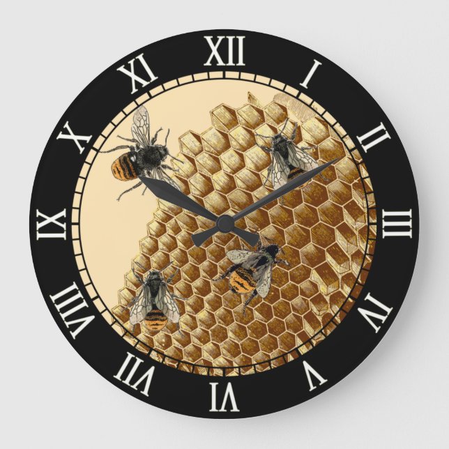 Grande Horloge Ronde Bee Print, Honeycomb Illustration, Vintage (Recto)