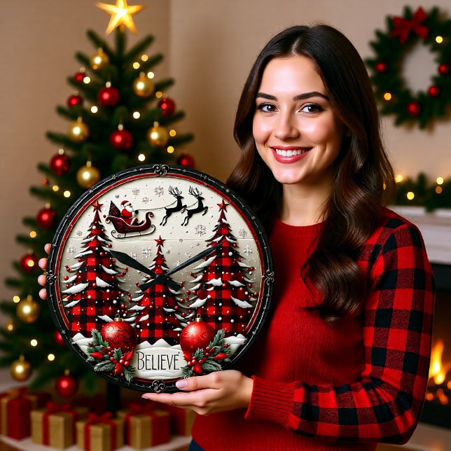 Grande Horloge Ronde Believe Plaid Sleigh Christmas (Créateur téléchargé)