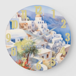 Grande Horloge Ronde Belle aquarelle Santorin Grèce Voyage