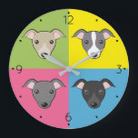 Grande Horloge Ronde Belle caricature italienne greyhounds pop art colo<br><div class="desc">Cartoon pop art - mignon visages italiens greyhound en 4 couleurs :) 🔹 Vous pouvez le customiser - modifier les nombres police et couleur, faire pivoter/redimensionner l'image, ajouter du texte et plus ! 🔹 🔹 🔹 Envoyez-moi une photo de votre achat ou partagez-la et mettez-moi sous le tag @edrawings38art (sur...</div>
