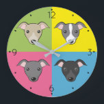 Grande Horloge Ronde Belle caricature italienne greyhounds pop art colo<br><div class="desc">Cartoon pop art - mignon visages italiens greyhound en 4 couleurs :) 🔹 Vous pouvez le customiser - modifier les nombres police et couleur, faire pivoter/redimensionner l'image, ajouter du texte et plus ! 🔹 🔹 🔹 Envoyez-moi une photo de votre achat ou partagez-la et mettez-moi sous le tag @edrawings38art (sur...</div>