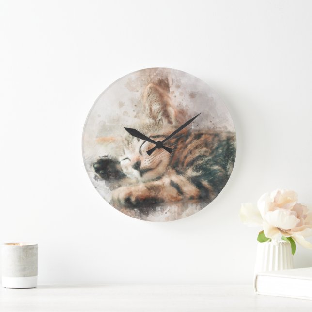 Grande Horloge Ronde Belle et mignonne chaton couchage aquarelle (Maison)