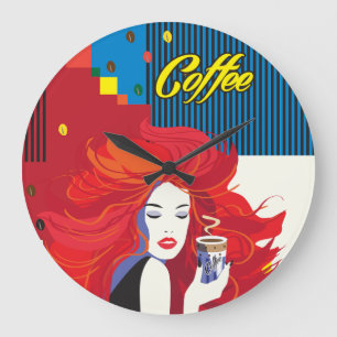 Grande Horloge Ronde "Belle femme de mode art avec de café de tasse"